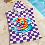 Personalised Cartoon Surfing Animals Quick-Dry Hooded Beach Towel with Name Beach Vacation Pool Party Birthday Gift for Kids Boys Girls