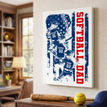 Personalised Stars Stripes Softball Dad Canvas Poster Flameless Painting Framed Painting with 1-4 Names and Numbers Father's Day Game Day Gift for Dad