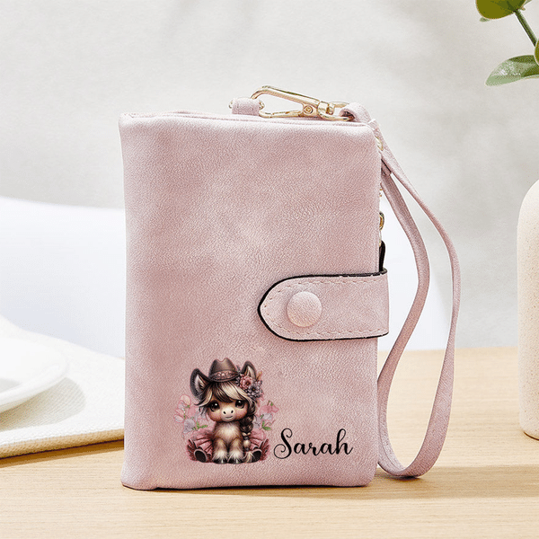 Personalised Multicolour Birth Flower Cartoon Horse PU Leather Wristlet Wallet with Name Birthday Church Bridal Party Gift for Horse Owners Lovers