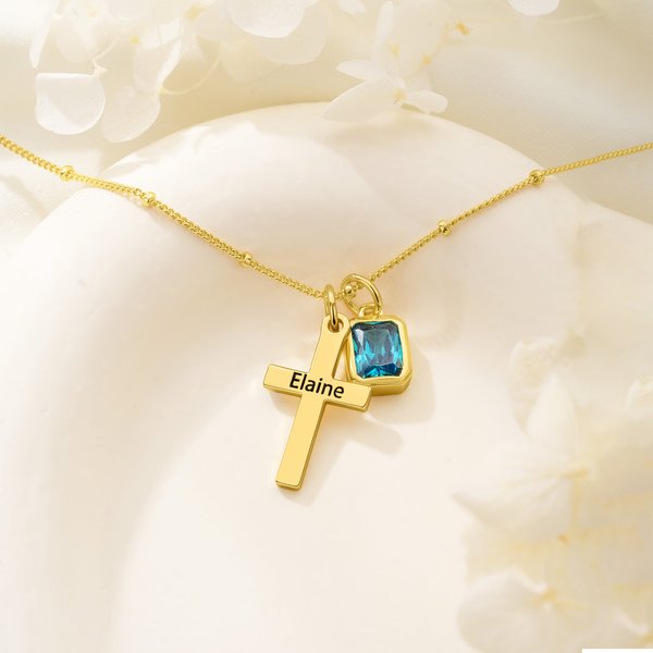 Personalised Cross Necklace with Name and Birthstone Dainty Christian Jewellery Baptism Gift for Woman
