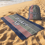 Personalized American Flag Oversized Quick-Dry Beach Towel with Name Area and Drawing Backpack Beach Party Independence Day Gift for American
