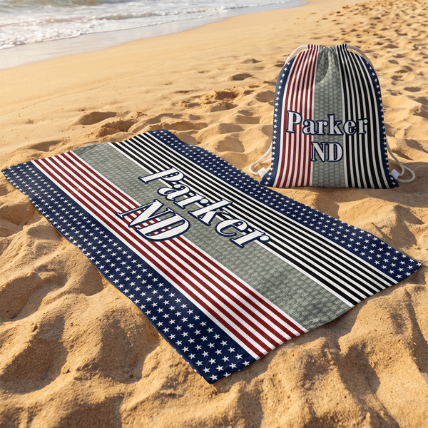 Personalized American Flag Oversized Quick-Dry Beach Towel with Name Area and Drawing Backpack Beach Party Independence Day Gift for American