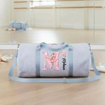 Personalised Cartoon Ballerina Initial Birth Flower Seersucker Duffle Bag with Name Travel Essential Game Day Birthday Gift for Ballet Dancers