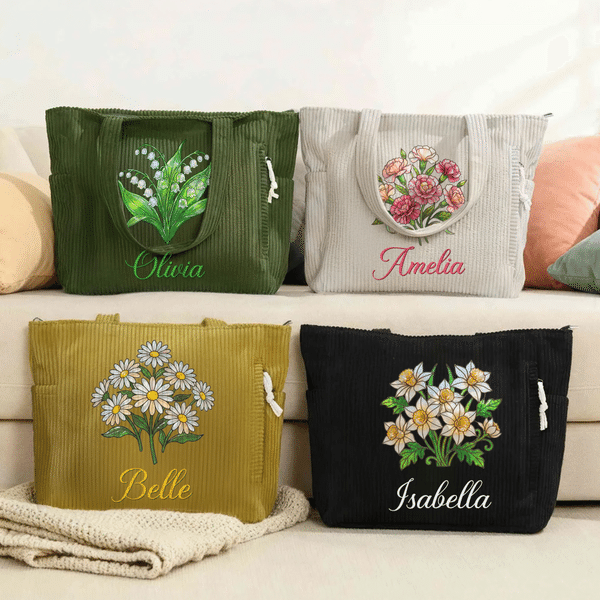 Personalizado Nacimiento Flor Gran Capacidad Bolsa de pana con nombre Uso diario Desplazamientos Cumpleaños Regalo para mujer Trabajador de oficina