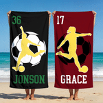 Personalised Soccer Player Silhouette Quick Dry Oversized Beach Towel with Name and Number Beach Party Summer Holiday Gift for Soccer Lovers