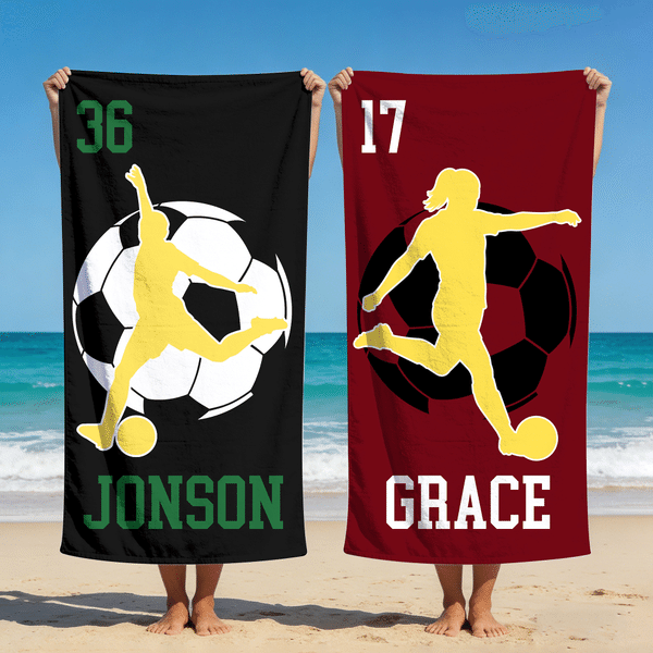 Personalised Soccer Player Silhouette Quick Dry Oversized Beach Towel with Name and Number Beach Party Summer Holiday Gift for Soccer Lovers