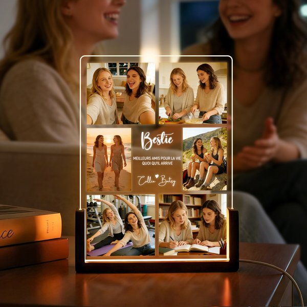 Veilleuse LED en acrylique personnalisée avec 6 photos et texte  - Cadeau d'anniversaire pour la famille et les amis
