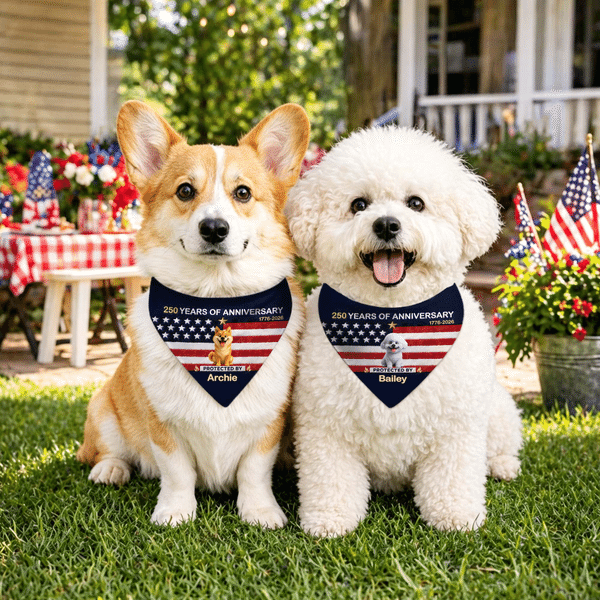 Personalized 250th Anniversary Cartoon Dog Soft Pet Bandana with Name and Adjustable Buckle Pet Party Independence Day Gift for Pet Owners Lovers