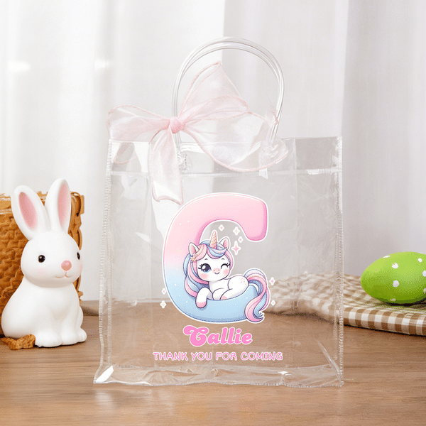 Personalizzato fantasia Unicorno iniziale Borsa regalo trasparente con fiocco nastro nome e testo uso quotidiano festa di compleanno regalo per bambino ragazza figlia