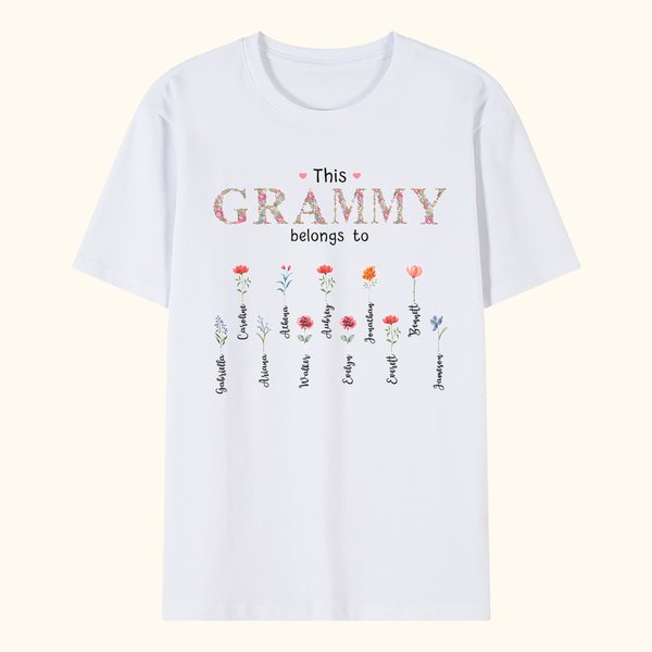 T-shirt Personnalisé avec 1-16 Noms et Fleur de Naissance Vêtement pour Femme This Grammy Belongs To Cadeau Anniversaire Fête des Mères