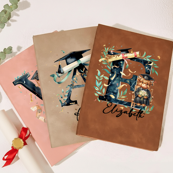 Personalised Graduation Highland Cow A5 A6 PU Leather Notebook Cover with Name and Initial Graduation Gift for Students Graduates