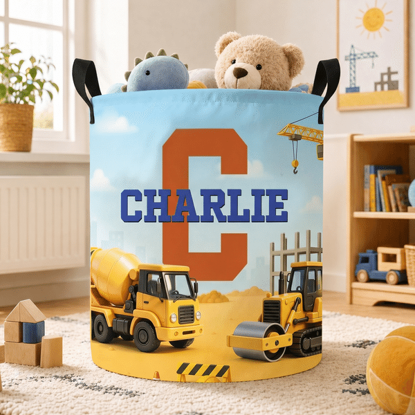 Panier de rangement personnalisé sur le thème des véhicules de construction avec nom et initiales Décoration de chambre Cadeau d'anniversaire pour garçons filles