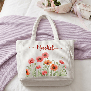 Personalised Birth Flower Large Capacity Corduroy Tote Bag with Name Daily Use Birthday Mother's Day Gift for Mom Woman Besties