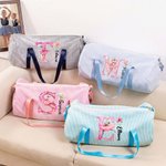 Personalised Cartoon Ballerina Initial Birth Flower Seersucker Duffle Bag with Name Travel Essential Game Day Birthday Gift for Ballet Dancers