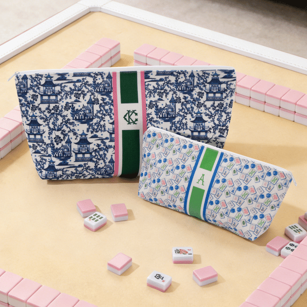 Personalised Chinoiserie Monogram Mahjong Tile Pouch Large Capacity Makeup Bag with Initials Travel Birthday Anniversary Gift for Mahjong Lovers