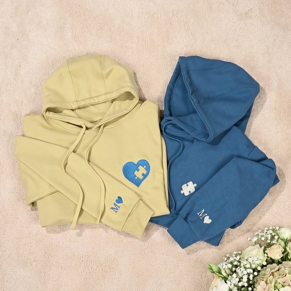 Personalizado Multicolor Corazón Puzzle Sudadera Bordada con capucha Inicial Aniversario Cumpleaños Regalo para Parejas Recién Casados