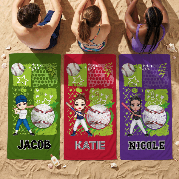 Personalized Multicolour Ball Sports Cartoon Character Oversized Quick Dry Beach Towel with Name Beach Party Birthday Gift for Ball Sports Lovers