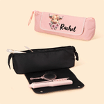 Personalised Cute Highland Cow Birth Flower Hair Tools Travel Bag with Name Travel Birthday Gift for Women Girls