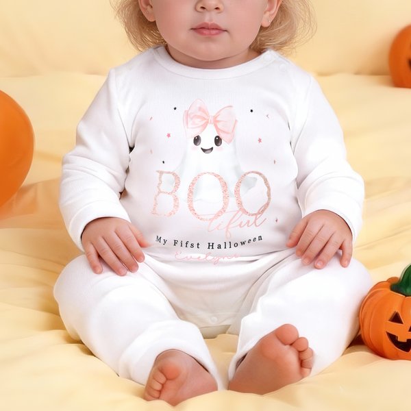 Personalised Cute Ghost Bow Baby Girl Bib Onesie Baby Bodysuit with Name Baby's First Halloween Gift for New Parents
