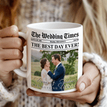 Personalized Unique Newspaper Backdrop Photo 11 oz 15 oz Ceramic Mug with Name and Date Wedding Anniversary Gift for Couples