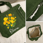 Personalized Birth Flower Large Capacity Corduroy Tote Bag with Name Travel Essential Birthday Anniversary Gift for Woman Besties