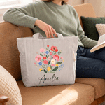 Personalized Birth Flower Large Capacity Corduroy Tote Bag with Name Travel Essential Birthday Anniversary Gift for Woman Besties