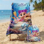 Gepersonaliseerd Sneldrogend Strandlaken met Schattig 3D-duiker met Trekkoordtas Strandfeest Verjaardagscadeau voor Kinderen en Volwassenen