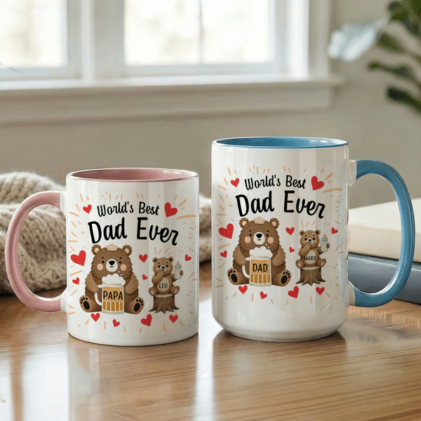 Personalisierte Papa & Baby Bär Design 11 oz 15 oz Keramik Becher mit Namen und Untersetzer Vatertag Geburtstag Geschenk für Papa Papa