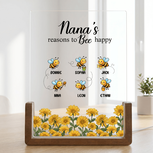 Personalized 1-6 Bees Flowers Acrylic LED Night Light with Name and Wooden Base Birthday Anniversary Gift for Women