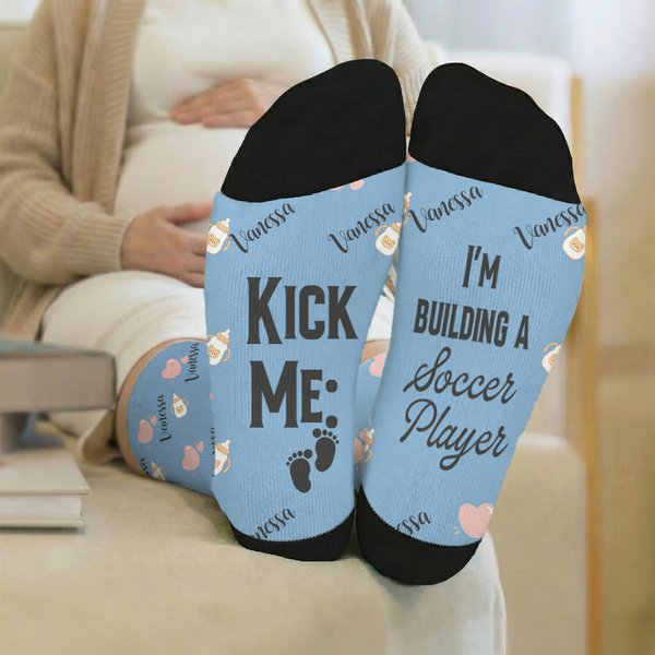 Personalised Multicolour Bear Heart Baby Bottle Soft Mid-Calf Socks with Name and Text Daily Wear Pregnancy Mother's Day Gift for New Mom Wife Friend