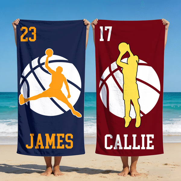 Personalised Basketball Player Silhouette Quick Dry Oversized Beach Towel with Name and Number Beach Party Summer Holiday Gift for Basketball Lover