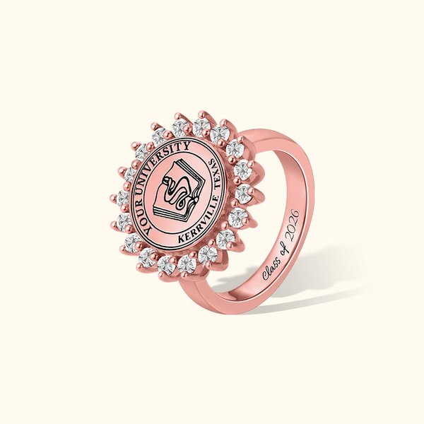 Personalized Engraved School Badge Family Crest Signet Ring with Birthstone Graduation Gift for Graduates Family