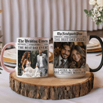 Personalized Unique Newspaper Backdrop Photo 11 oz 15 oz Ceramic Mug with Name and Date Wedding Anniversary Gift for Couples