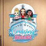 Personalized Cartoon Besties Character Cruise Ship Fridge Magnet with Name Home Decor Summer Travel Birthday Gift for Besties Friends