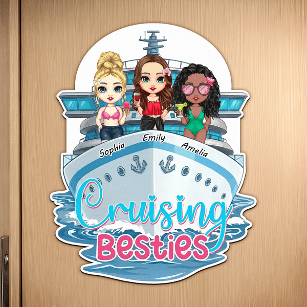 Personalized Cartoon Besties Character Cruise Ship Fridge Magnet with Name Home Decor Summer Travel Birthday Gift for Besties Friends