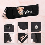 Personalised Cute Highland Cow Birth Flower Hair Tools Travel Bag with Name Travel Birthday Gift for Women Girls