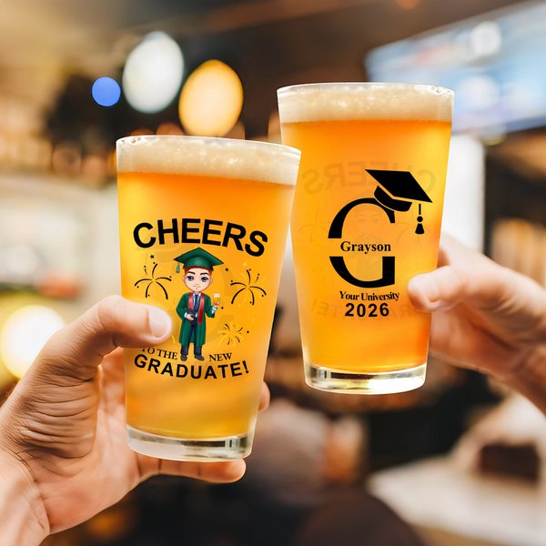 Personalized Grad Cap Cartoon Character 16 oz Beer Glass with Name and Year Graduation Party Keepsake Gift for Graduates