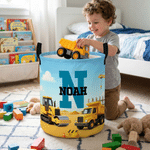 Panier de rangement personnalisé sur le thème des véhicules de construction avec nom et initiales Décoration de chambre Cadeau d'anniversaire pour garçons filles