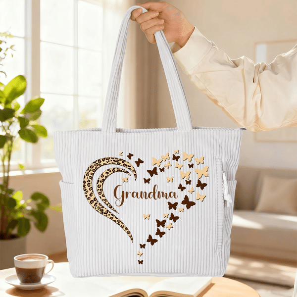 Personalised Colourful Leopard Print Heart Large Capacity Corduroy Tote Bag with Name Daily Use Birthday Anniversary Gift for Women