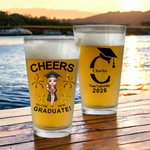 Personalized Grad Cap Cartoon Character 16 oz Beer Glass with Name and Year Graduation Party Keepsake Gift for Graduates