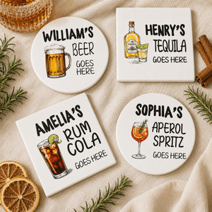 Personalised Retro Beverage Design Square Round Ceramic Coaster with Name Home Decor Birthday Coffee Bar Gift for Family Friend
