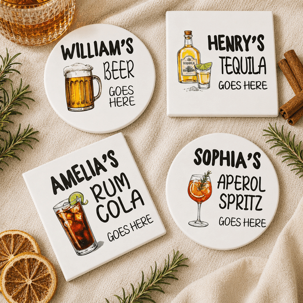 Personalized Retro Beverage Design Square Round Ceramic Coaster with Name Home Decor Birthday Coffee Bar Gift for Family Friend