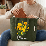Personalized Birth Flower Large Capacity Corduroy Tote Bag with Name Travel Essential Birthday Anniversary Gift for Woman Besties