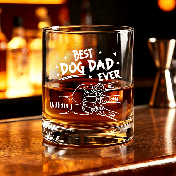 Personalised Best Dog Dad Ever Dog Paw Print 10 oz Rock Whiskey Glass with Names Daily Use Father's Day Gift for Father Pet Owner