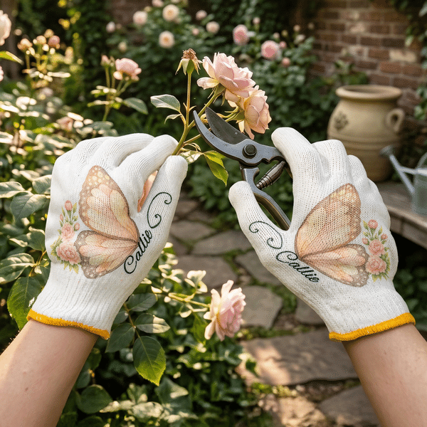 Personalized Birth Flower Butterfly Gardening Gloves with Name and Dotted Adhesive Gardening Protection Birthday Gift for Gardening Enthusiasts