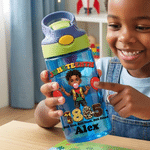 Personalised Cartoon Character Name 16 oz Kid's Water Bottle with Silicone Straw and Handle Juneteenth Gift for Black Boys Girls