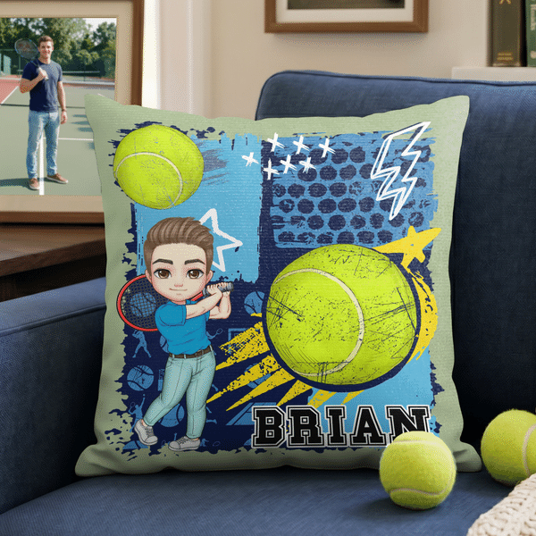 Personalised Cartoon Sport Character Design Soft Cushion Cover with Name Home Decor Game Day Team Gift for Tennis Pickleball Lover Player