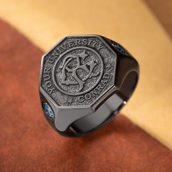 Personalized Retro Monogram Birthstones Signet Ring with Engraved Name and School Name Graduation Birthday Gift for Graduates Classmates