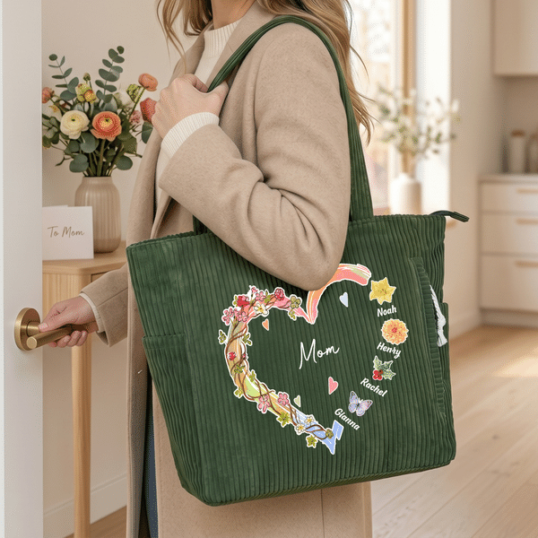 Personalized Watercolor Heart Birth Flower Large Capacity Corduroy Tote Bag with Name Travel Essential Birthday Mother's Day Gift for Grandma Mom