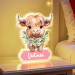 Personalised Highland Cow Birth Flower LED Acrylic Night Light with Name Room Decor Birthday Children's Day Gift for Boys Girls